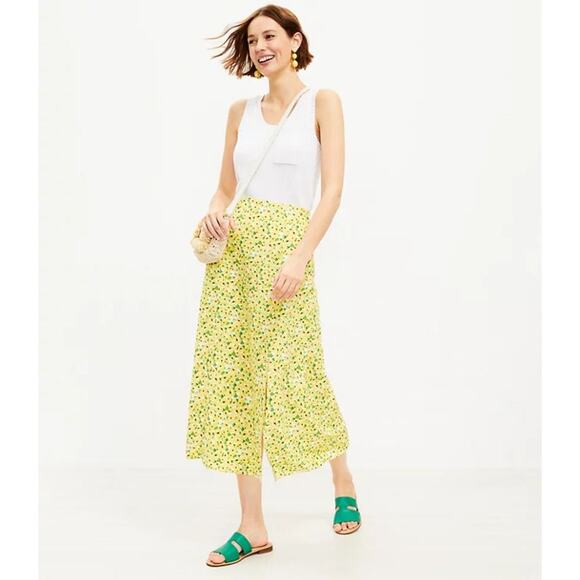 [LOFT] Yellow Floral Print Linen Blend High Waist Side Slit Midi Skirt Size 14 - Picture 1 of 12